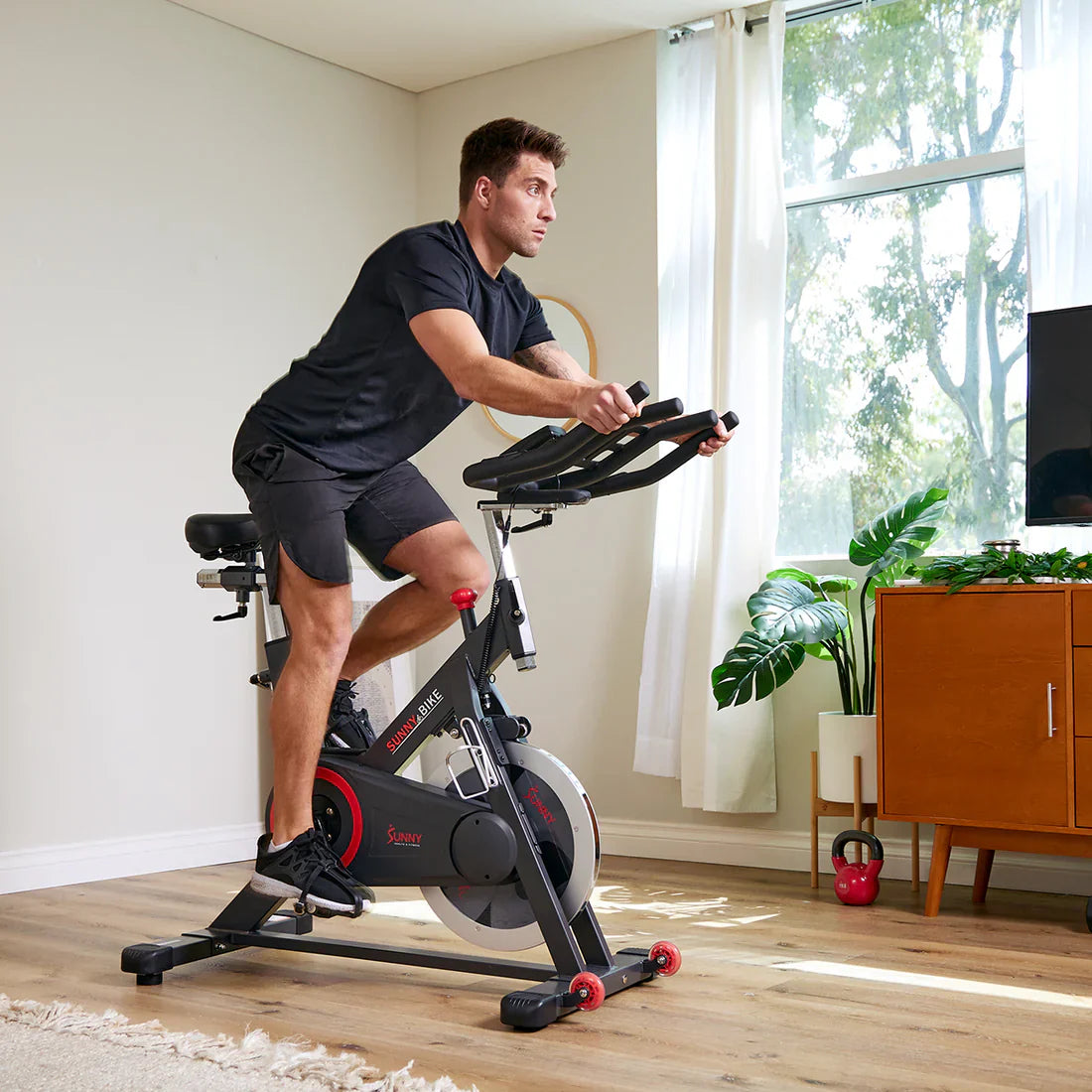 Premium Smart Magnetic Belt Drive Indoor Cycling Exercise Bike by Sunny Health and Fitness