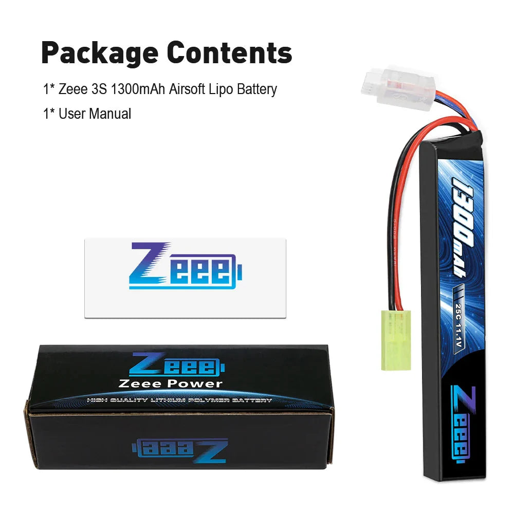 Zeee Airsoft Battery 3S 11.1V 25C 1300mAh Stick Battery with Mini Tamiya Plug for Airsoft Guns Rifle AK47 Lipo Battery Parts