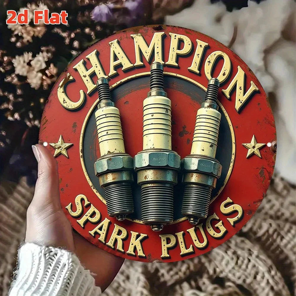 Vintage Champion Spark Plug Logo Metal Wall Art - 19.81cm Round Aluminum Sign with Red & Golden Racing Design, Automotive Engine