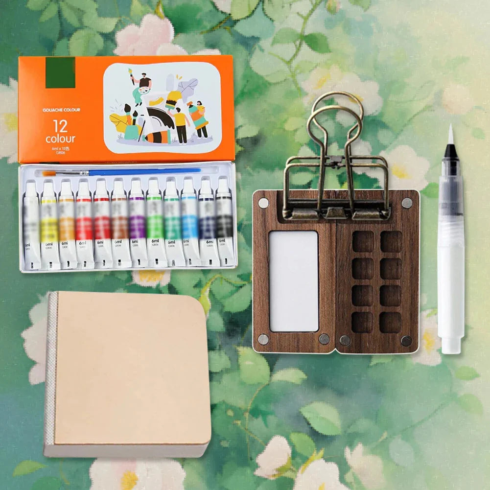 8/15 Colors Portable Travel Gouache Palette Set Mini Walnut Paint Box Artist Gouache Paint Palette Sketchbook Art Supplies
