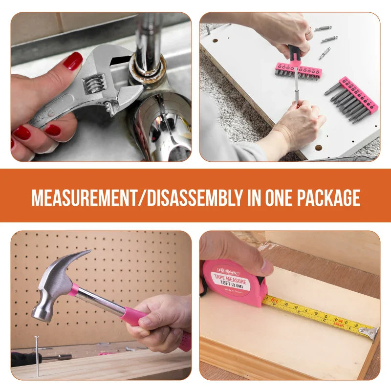 Hi-Spec 92-Piece Pink Home Tool Box Set, Multi-Function Hand Repair Kit with Hammer Cordless Power Drill Combo for Household DIY