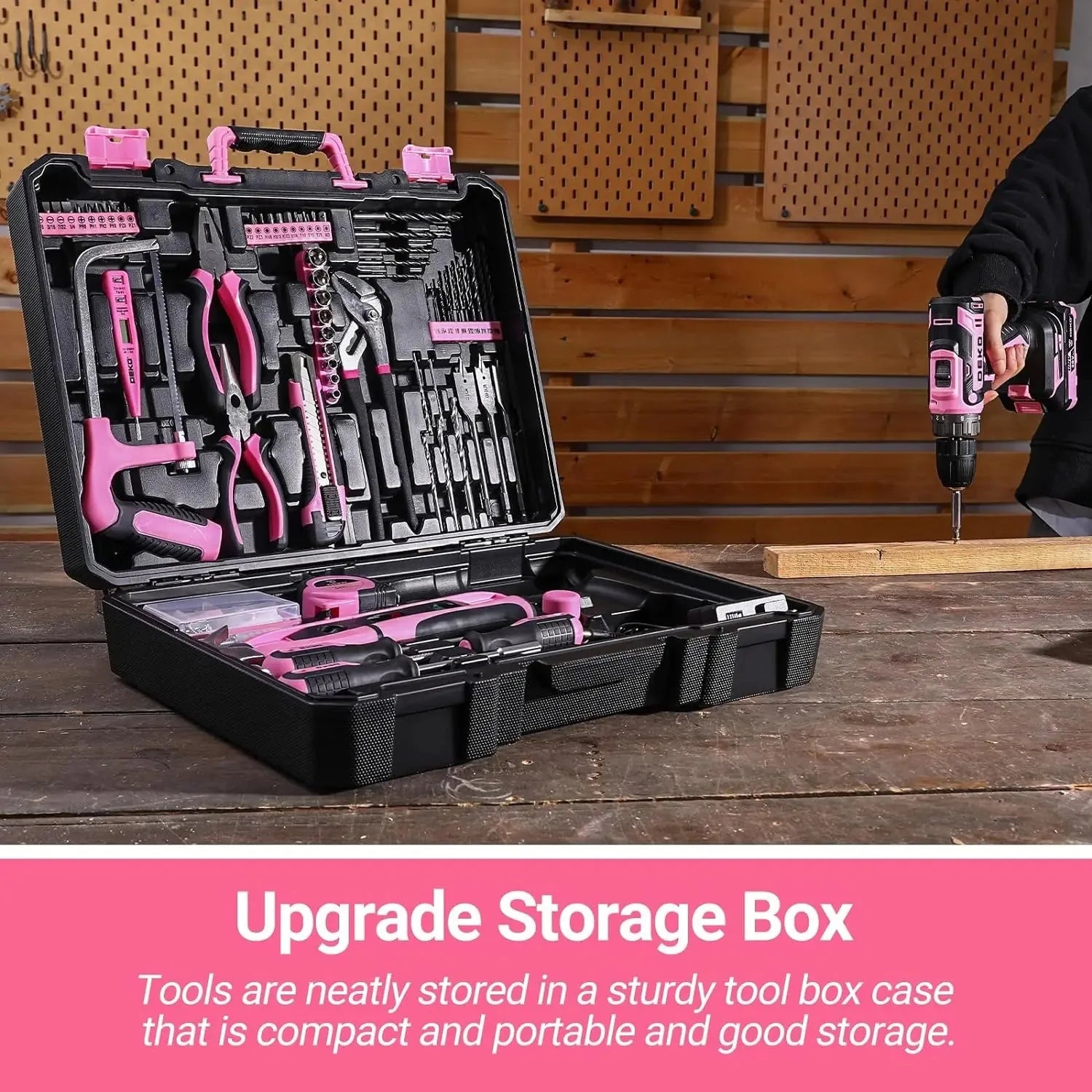DEKO Pink Drill Tool Kit Set: 20V Cordless Power Drill Tool Box with Battery Electric Drill Driver