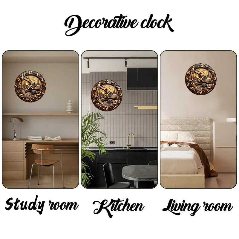Excavator Industrial Wooden Round Silent Hanging Wall Clock, Suitable For Living Room,Office,Study Room,Bedroom, Home Decoration