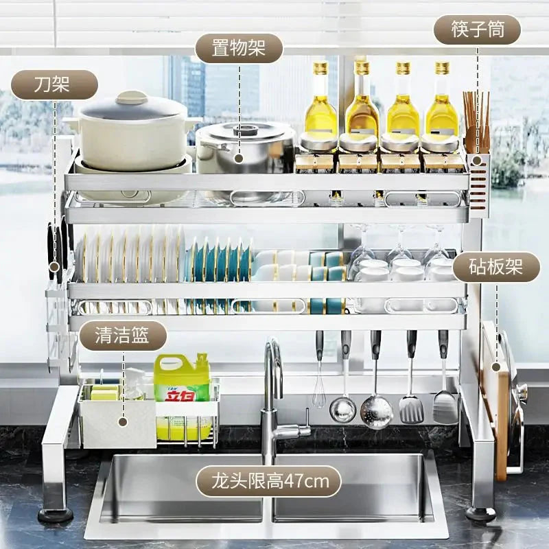 Stainless Steel Sink Shelf Bowl Drain Rack Kitchen Storage Rack Multifunctional Dish Cutlery Knife Spoon Sink Rack Set Organizer
