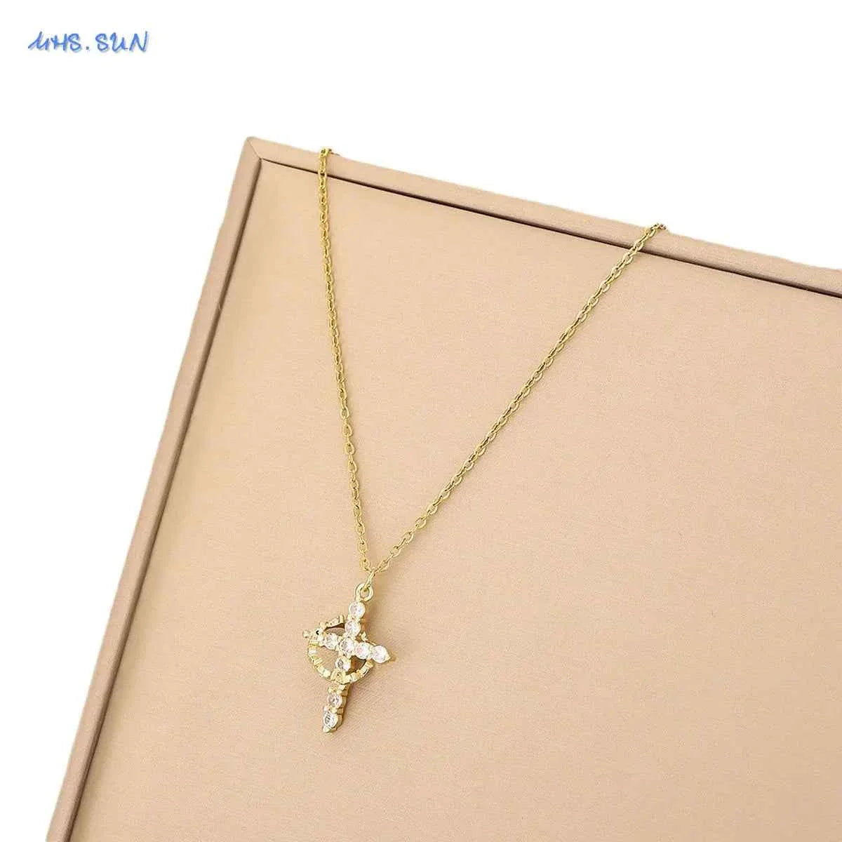 SUNSLL Cubic Zircon Rotatable Crown Cross Pendant Necklaces Classic Stainless Steel Chain Banquet Party Jewelry For Women Men
