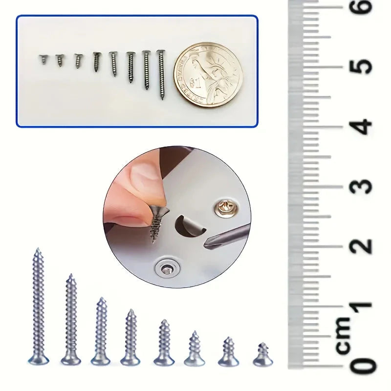 Box of 560 Self-Tapping Wood Screw Set - Includes 8 Different Sizes of M2 Phillips Flat Metal Screw Classification Kit