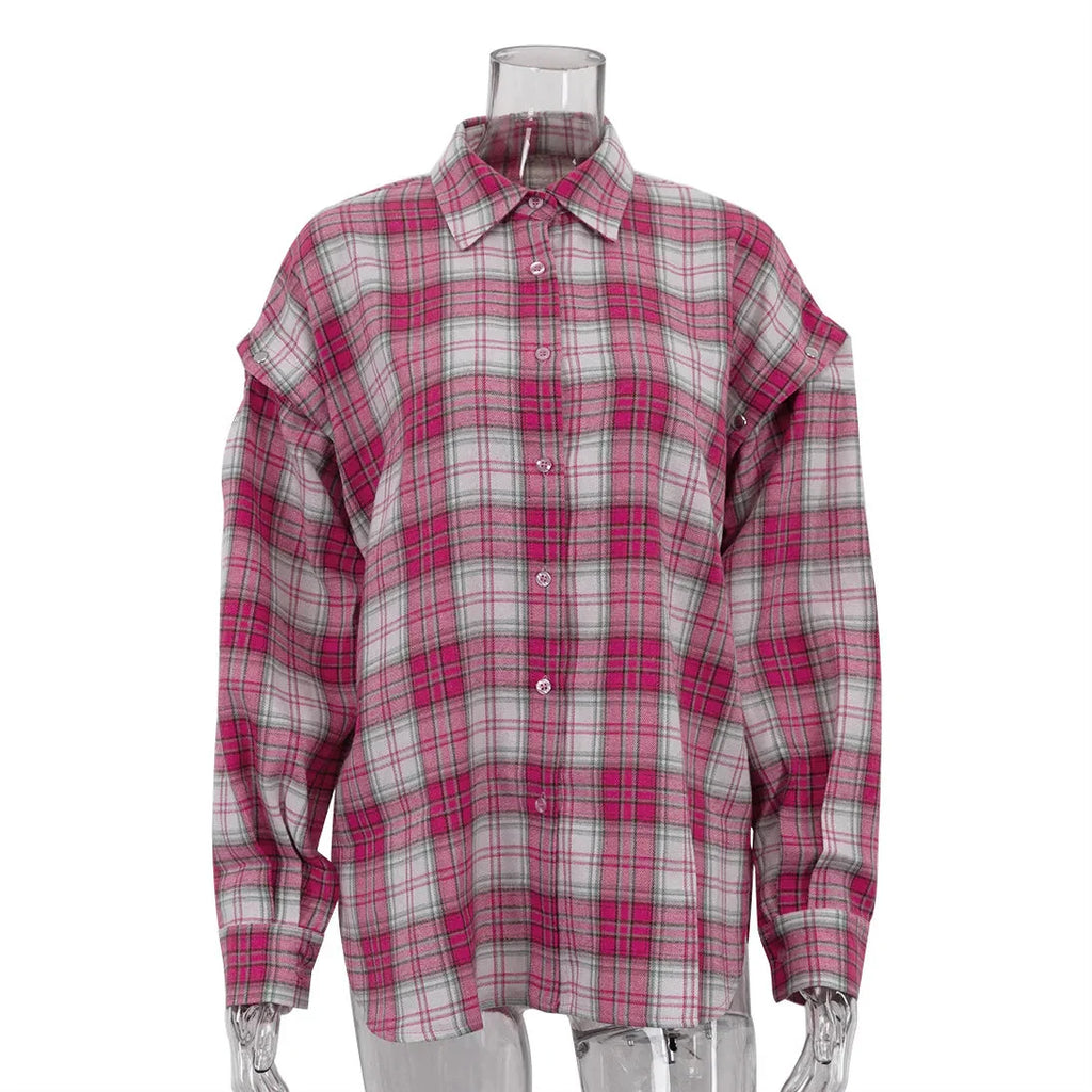 Pink Plaid Shirt for Women in Europe and America New Versatile Loose Shirt for Women Removable Long-sleeved Lapel Top