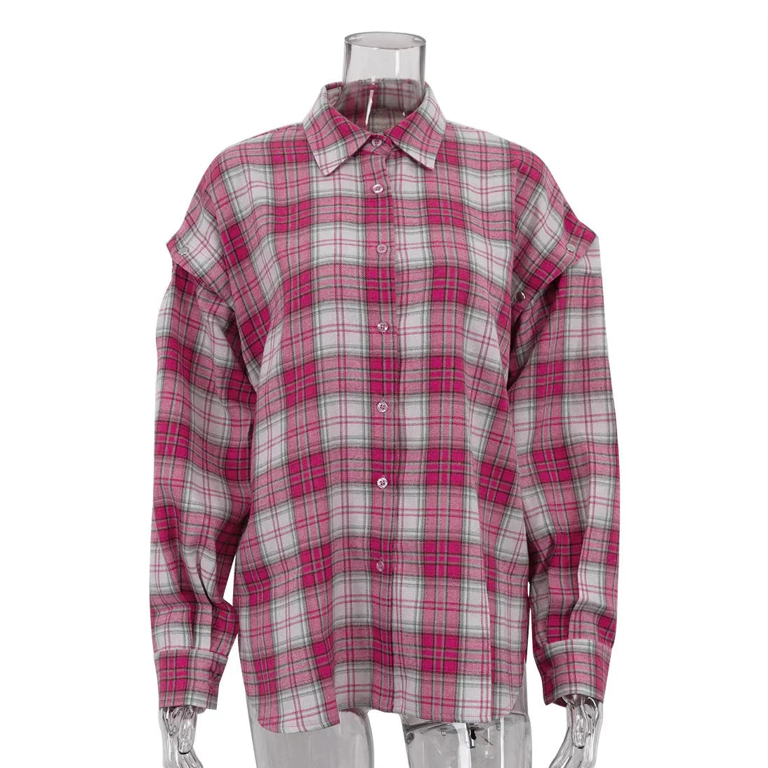 Pink Plaid Shirt for Women in Europe and America New Versatile Loose Shirt for Women Removable Long-sleeved Lapel Top