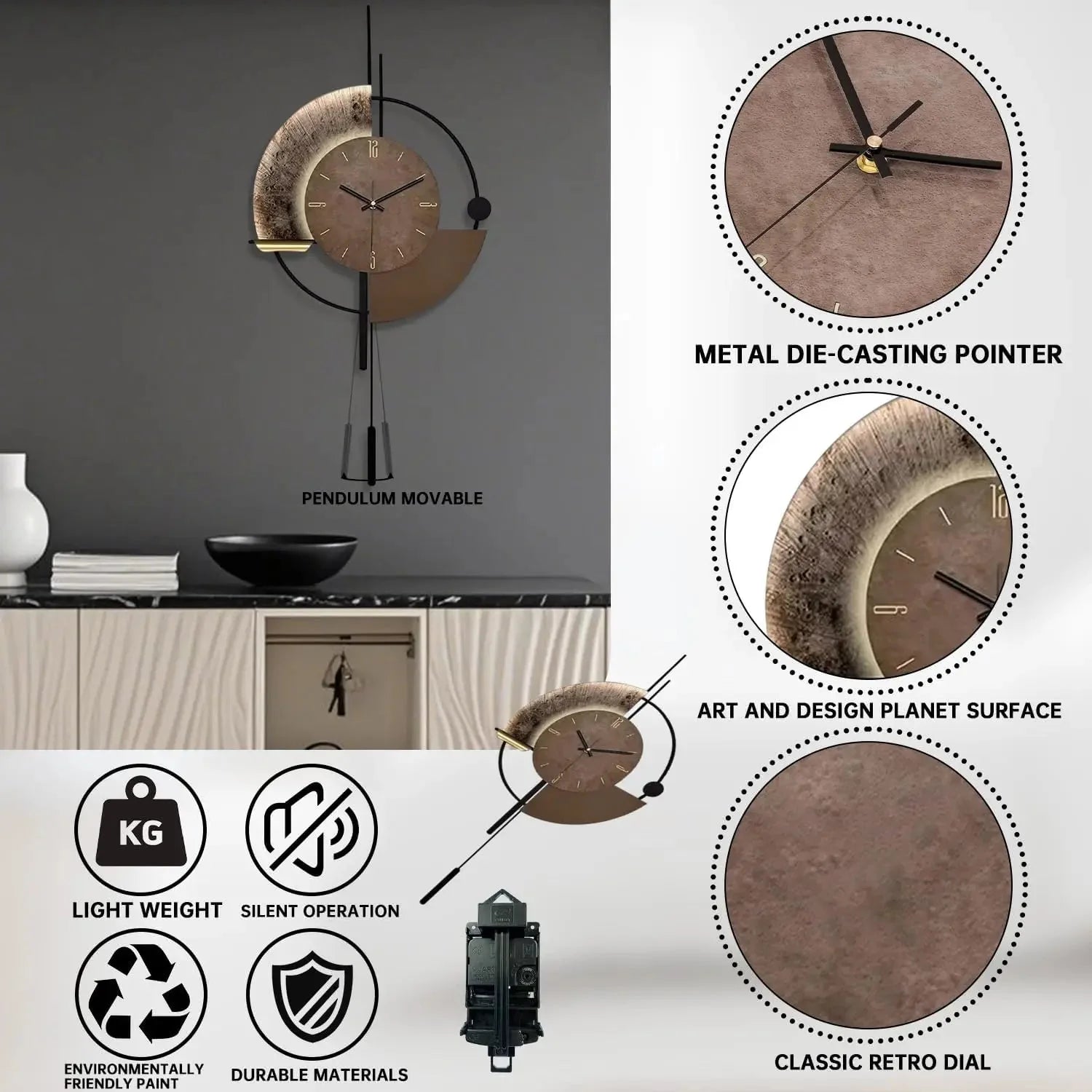 Decorative Wall Clock with Pendulum, Silent Quartz Movement, Large Modern Design for Living Room, Kitchen, Bedroom