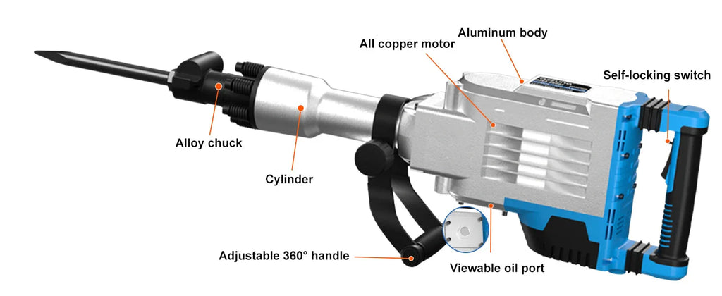 3600W Demolition Jack Hammer Electric Concrete Breaker Heavy Duty 2100 BPM Corded Power Rotary Hammer Drill with 2pcs Chisel Bit