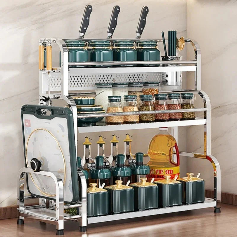 Stainless Steel Kitchen Storage Shelf Seasoning Jar Spice Storage Rack Chopsticks Knife Shelf Bar Organizer Kitchen Supplies