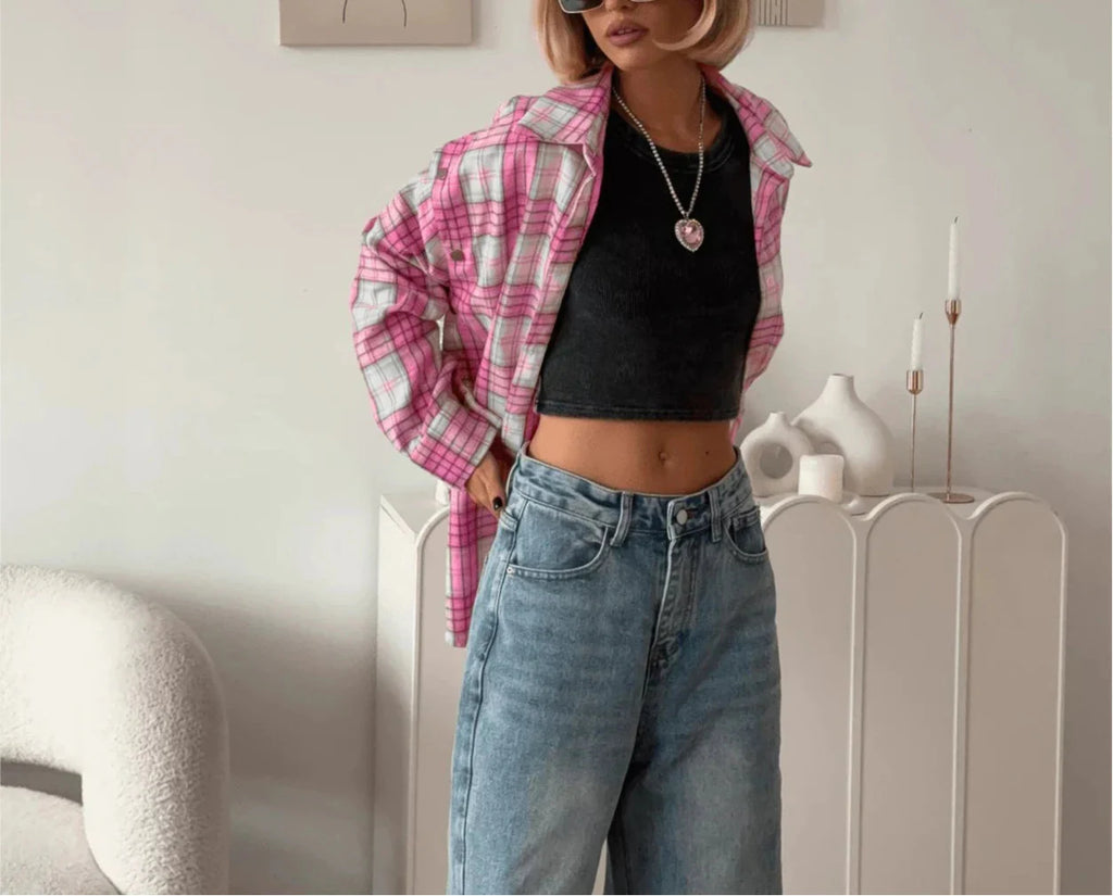 Pink Plaid Shirt for Women in Europe and America New Versatile Loose Shirt for Women Removable Long-sleeved Lapel Top