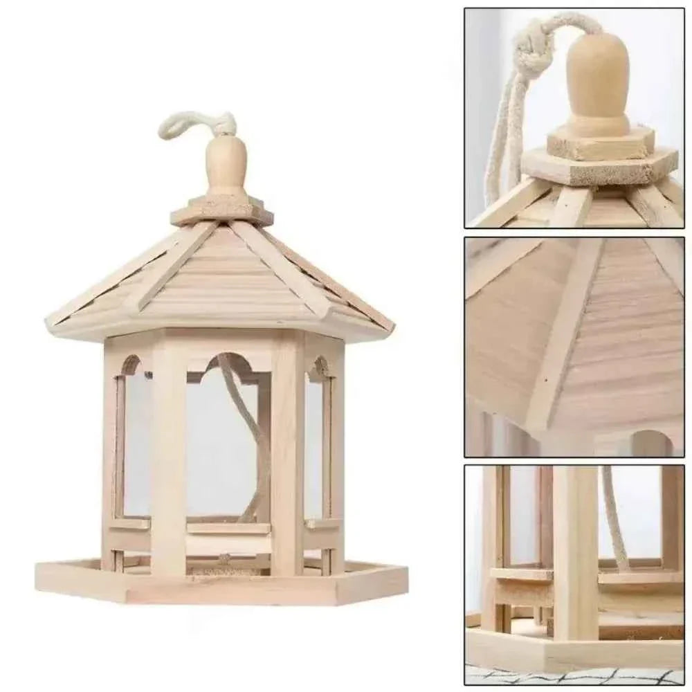 Bird House Ornaments House Shape Bird Feeder House Hanging Wooden Pet Feeder Box Bird Food Dispenser Balcony