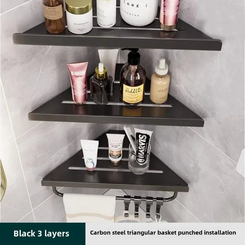 Bathroom Triangle Drain Shelf No Drilling Wall Mounted Cosmetic and Toiletries Hollow Carbon Steel Shelf with Hooks