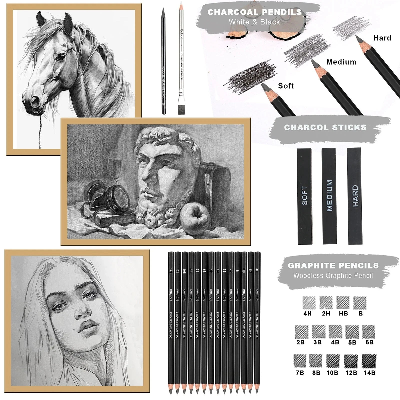 14-60 pcs Drawing Set Sketching Kit - Art Supplies,for Adults Artists with 3-Color Sketchbook,Graphite,Pastel,Charcoal Pencils