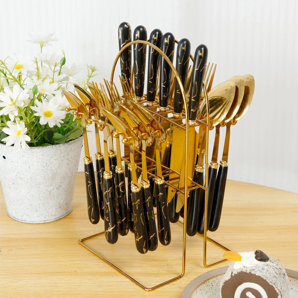 24 Pcs Silverware Set with Hanging Holder Stainless Steel Flatware Set Service for 6 Utensils Set Mirror Polished Tableware Set