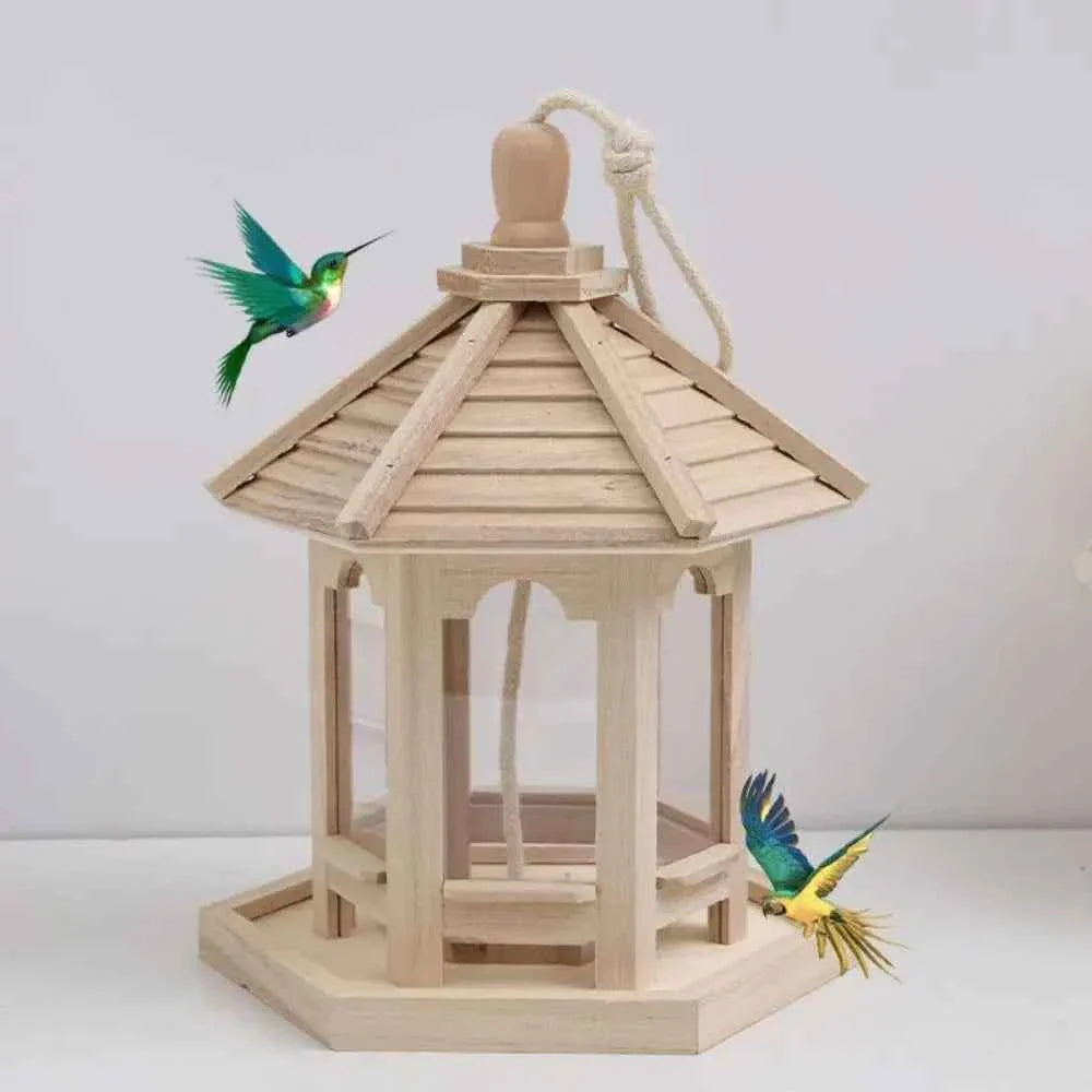 Bird House Ornaments House Shape Bird Feeder House Hanging Wooden Pet Feeder Box Bird Food Dispenser Balcony