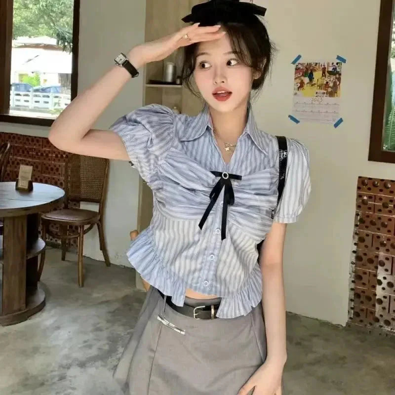 Bow-rinked Striped Shirt for Women Summer French Sweet and Spicy Puff Sleeve Shirt Short Short Sleeve Top
