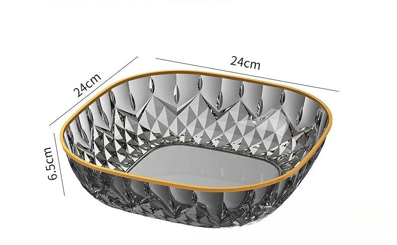New Household Fruit Bowl Salad Dessert Biscuit Plate Plastic Square Transparent Tray Golden Edge Snack Plates Tableware