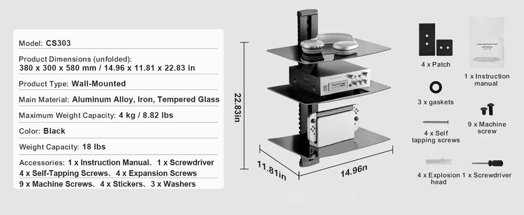 SucceBuy 4-Tier AV Media Stand Audio/Video Stand with Strengthen Tempered Glass Shevles for DVD Adjustable Media Storage Cabinet