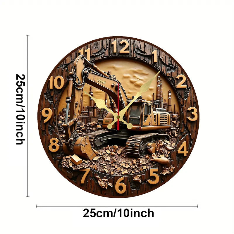 Excavator Industrial Wooden Round Silent Hanging Wall Clock, Suitable For Living Room,Office,Study Room,Bedroom, Home Decoration