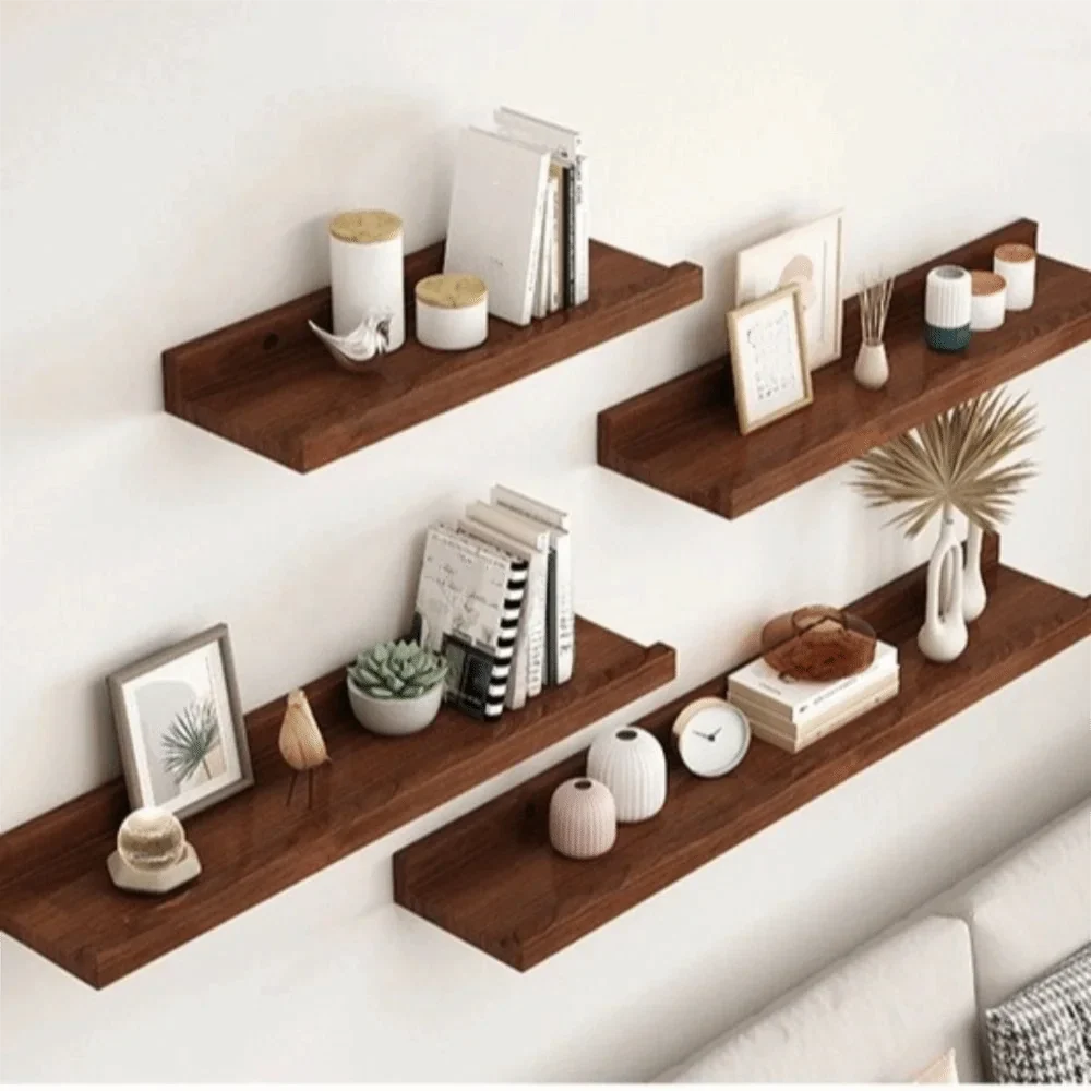 Space Saving Wooden Floating Shelf Minimalist Style Decorative Display Stand Rustic Bookshelf Organizer Living Room