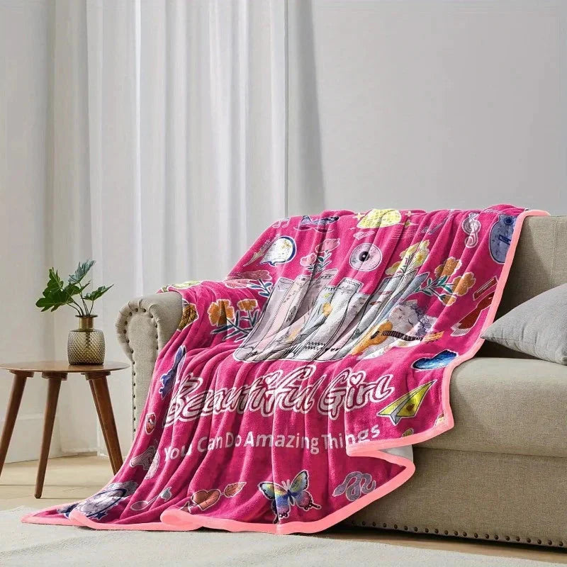 Pink Flannel Throw Blanket 60"x50" - Music & Book Lover Design with Butterflies, Flowers & Inspirational Quotes
