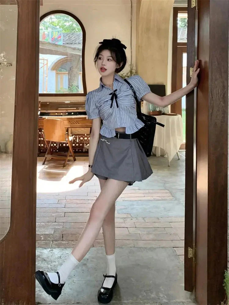 Bow-rinked Striped Shirt for Women Summer French Sweet and Spicy Puff Sleeve Shirt Short Short Sleeve Top