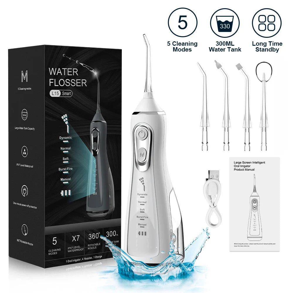 Oral Irrigator 40-140PSI Tooth Scaler 5 Speed Water Flosser Rechargeable Dental Water Jet 300ML IPX6 Waterproof Teeth Cleaner