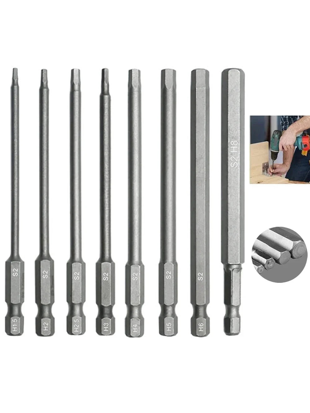 8pcs 100mm Hex Head Allen Wrench Drill Bits Set SAE Metric Allen Electric Hexagonal Bit Screwdriver Socket Bit Power Tool Parts