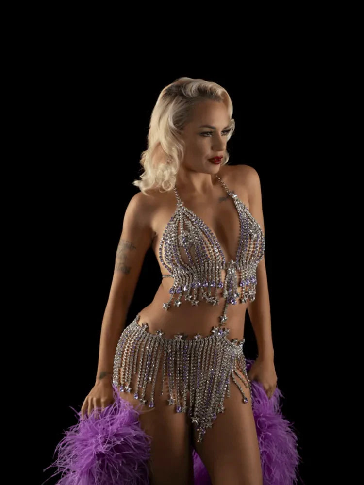 Rhinestone Fringe Tassel Skirt And Bra Set