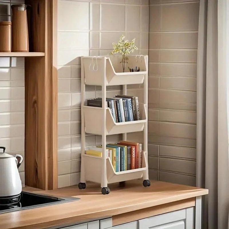 Multi-Tier Rolling Storage Cart, Slim Rolling Cart with Storage Bins and Hooks - Space-Saving Organizer, 360° Rotating Storage C