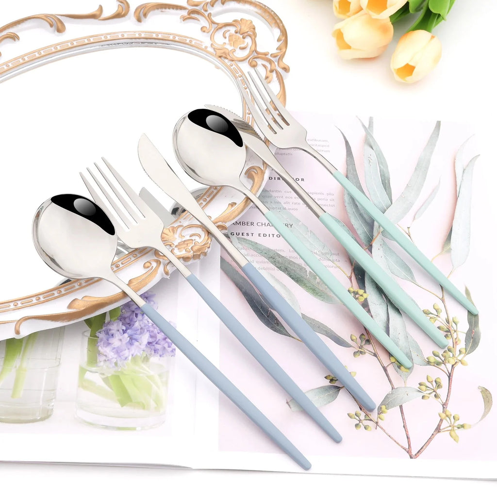 Western Purple Silver Tableware New Dinnerware Set 4Pcs Stainless Steel Kitchen Knife Fork Spoon Complete Cutlery Flatware Set