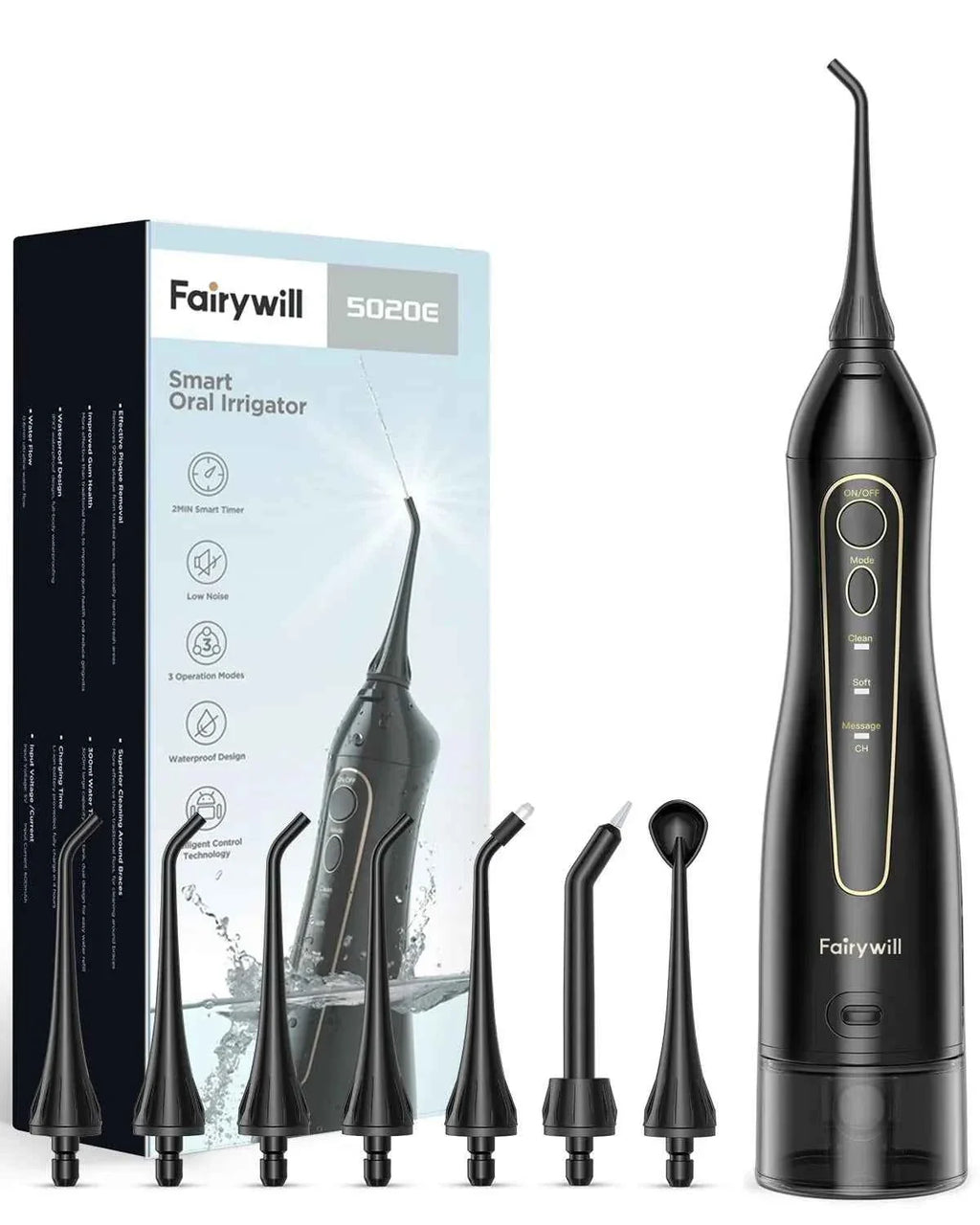 Fairywill Portable Oral Irrigator - 300ML Rechargeable Water Flosser with 3 Cleaning Modes