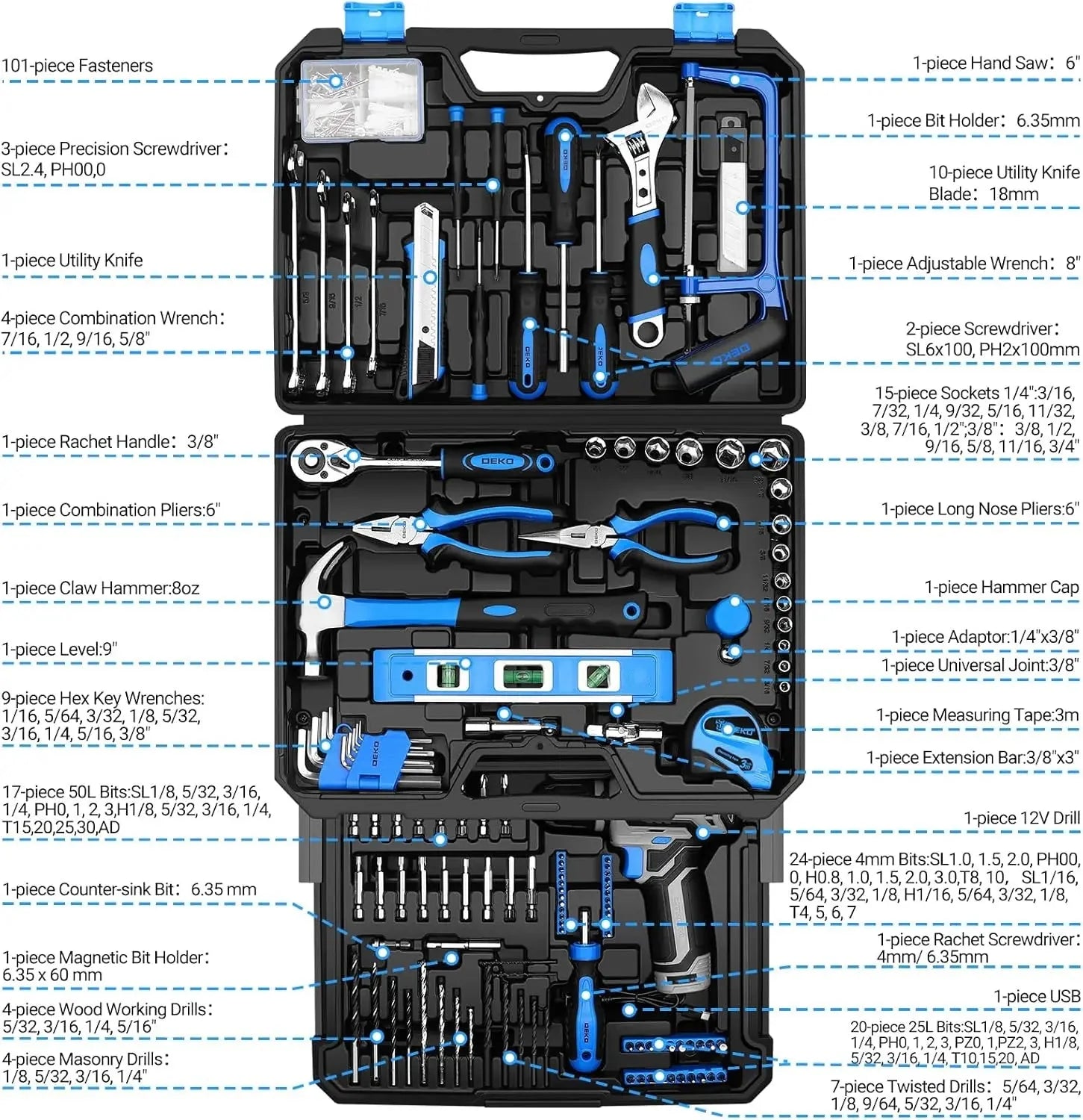 DEKO Home Mechanic Toolbox with 12V Power Cordless Drill Hand Repair Tools Sets Combo Kits Storage Organizer Drawer Case