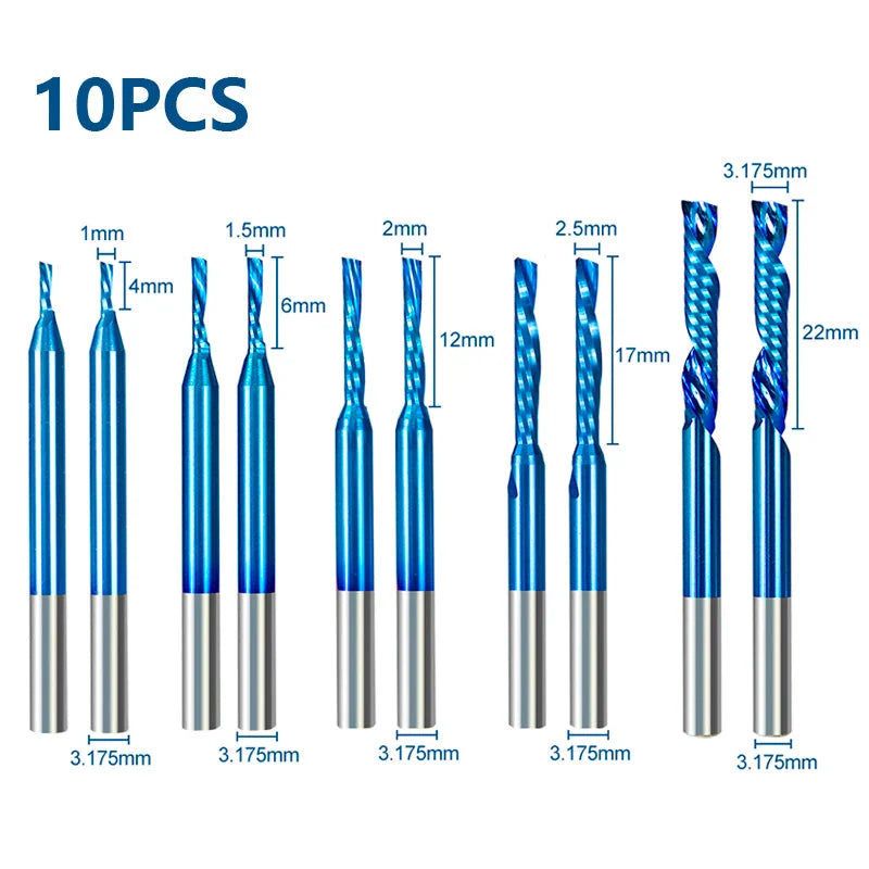 XCAN10pcs Single Flute Carbide End Mill 1/8'' Shank O Flute Spiral CNC Router Bit Cutter 1/1.5/2/2.5/3.175mm Wood Milling Tools