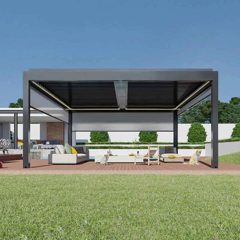3x4m Motorized Aluminum Pergola - Waterproof Gazebo with LED Lighting & Roller Shutters