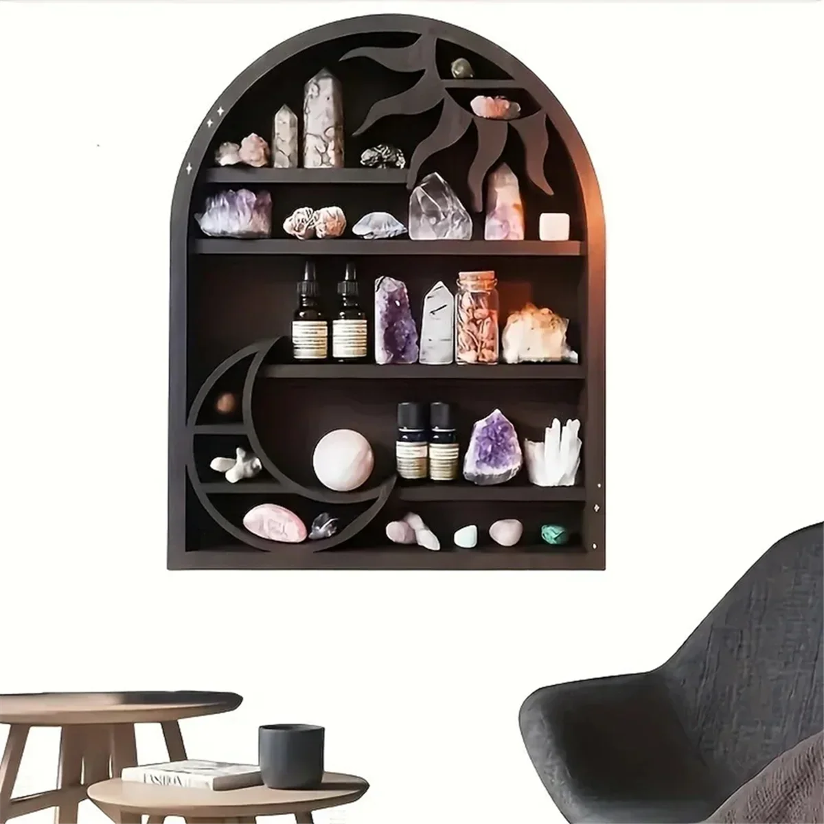 Wood Storage Shelf - Stylish and Practical Wall Shelf, Crescent Sun and Moon Crystal Shelf