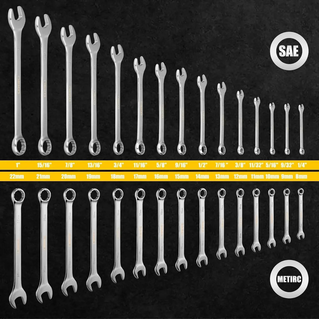 DEKOPRO Combination Wrench Set SAE / Metric,  1/4'' to 1'' & 8-22mm, 12-Point, Chrome Vanadium Steel