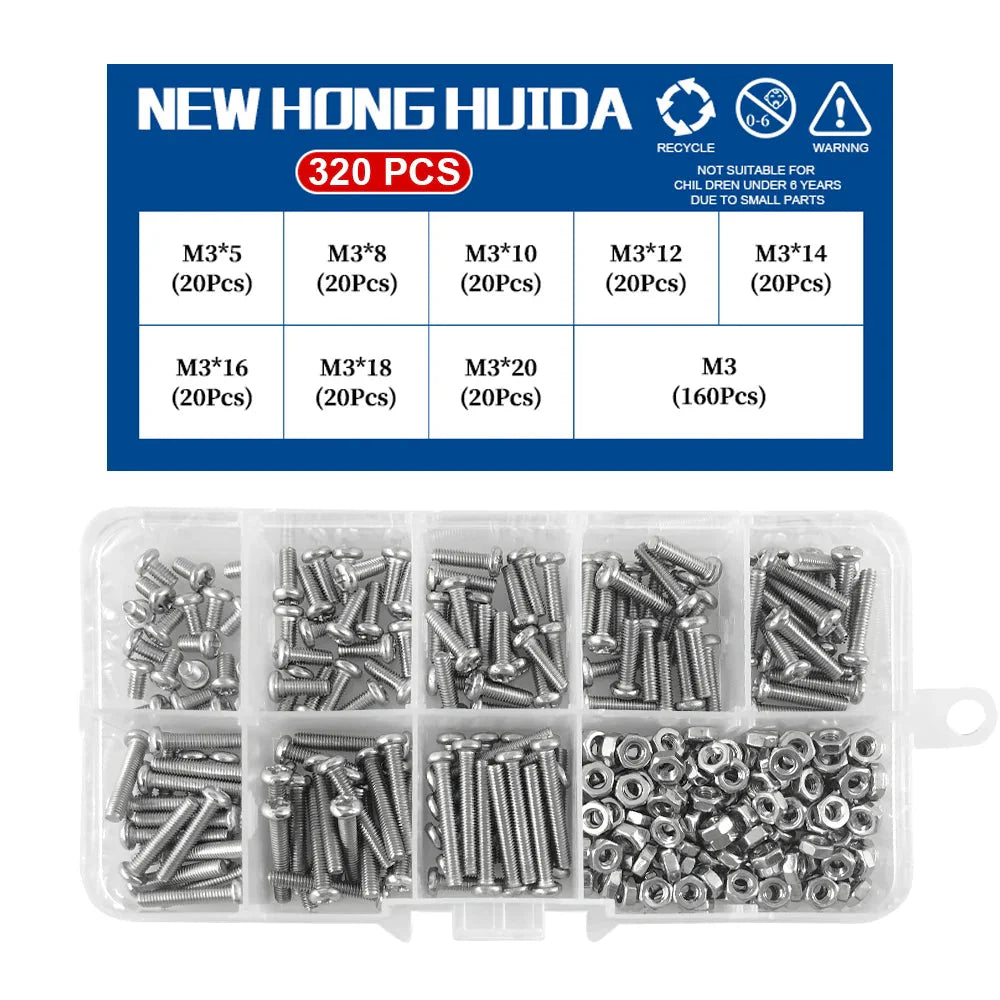 M1 M1.2 M1.4 M1.6 M2.5 M3 304 Stainless Steel Round Head Cross Small Screw Set Metric Thread Machine Bolt Assortment Kit Set