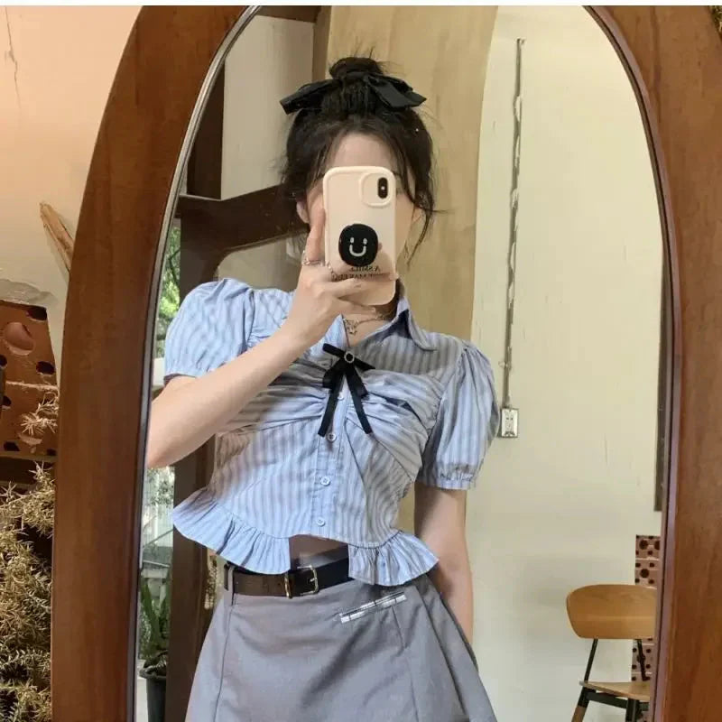 Bow-rinked Striped Shirt for Women Summer French Sweet and Spicy Puff Sleeve Shirt Short Short Sleeve Top