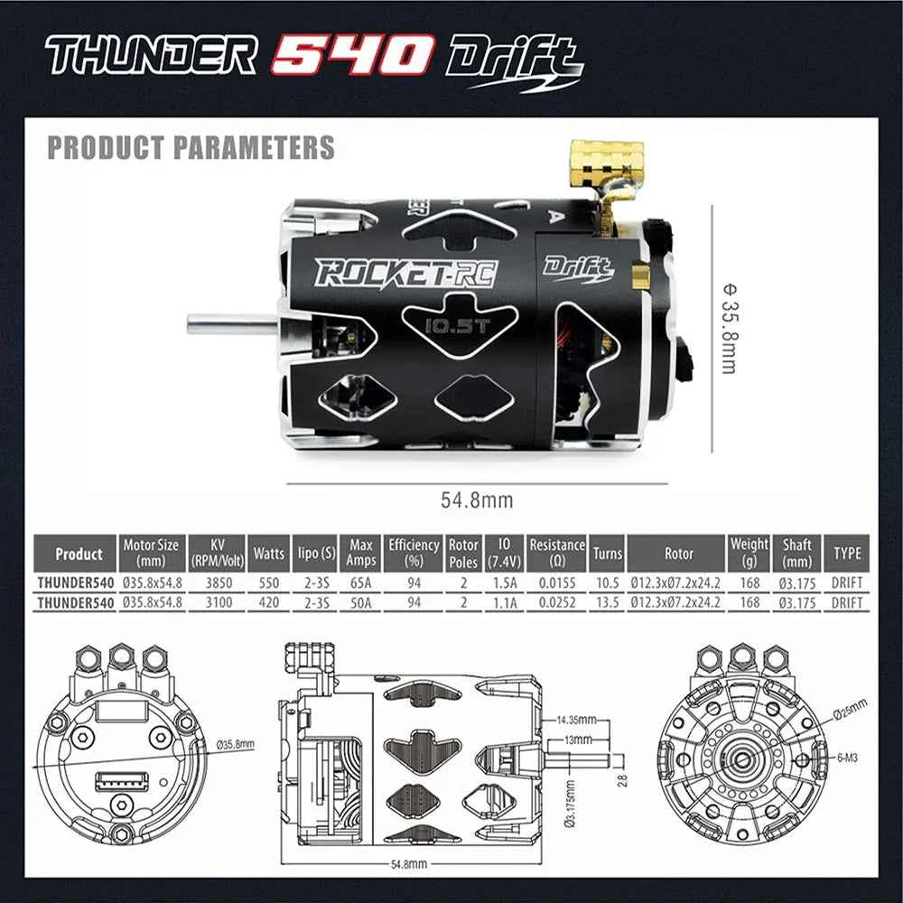 Rocket RC Brushless Motor Thunder 540 Sensored 10.5T 13.5T 3.175 mm Shaft for 1/10 RC Racing Drift Car Parts Surpass Hobby
