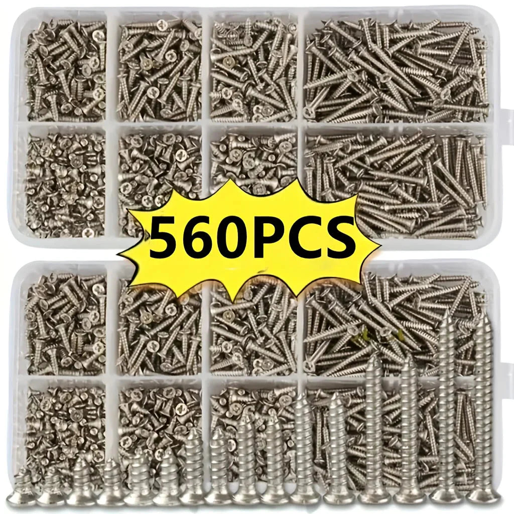 Box of 560 Self-Tapping Wood Screw Set - Includes 8 Different Sizes of M2 Phillips Flat Metal Screw Classification Kit