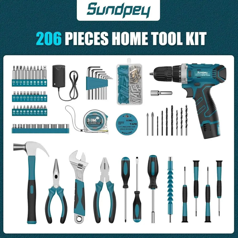 Tool Kit 206PCS with Drill - 12V Cordless Power Drill Combo Home Tool Set - Portable Basic General Household Toolbox for Repair