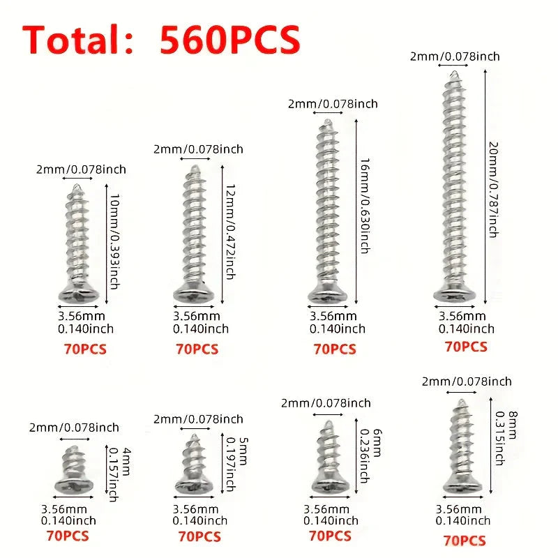 Box of 560 Self-Tapping Wood Screw Set - Includes 8 Different Sizes of M2 Phillips Flat Metal Screw Classification Kit