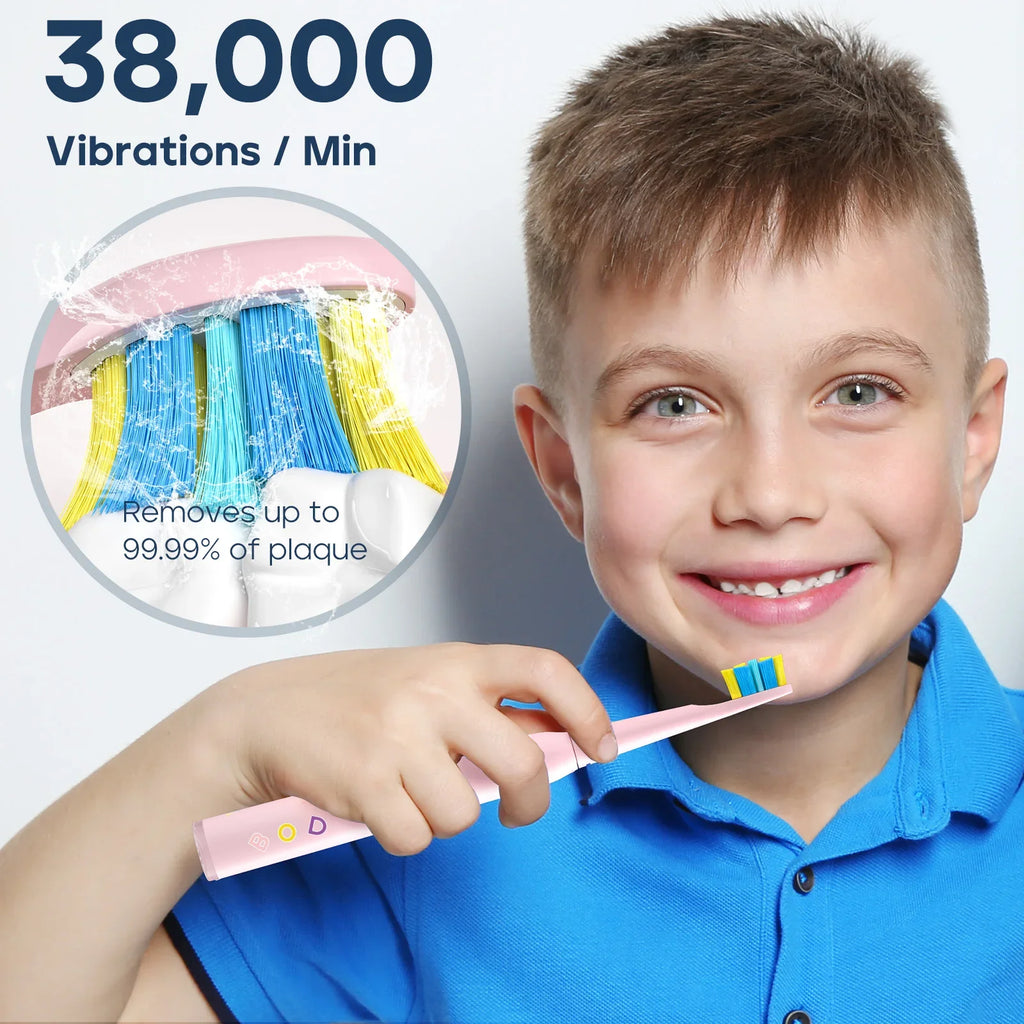 Children Electric Toothbrush with 8 Replacement Heads DIY Stickers 5 Cleaning Modes Blue Pink Yellow 3 Colors Soft Bristles