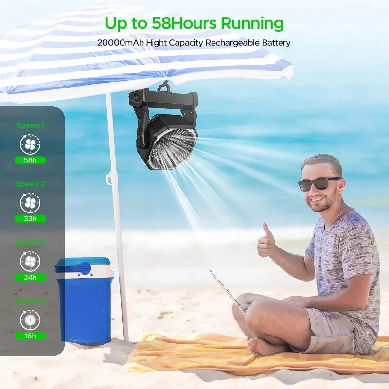 Camping Fan with LED Lantern, 20000mAh Auto-Oscillating Battery Operated Desk Fan with Remote&Hook, 8” Portable Fan