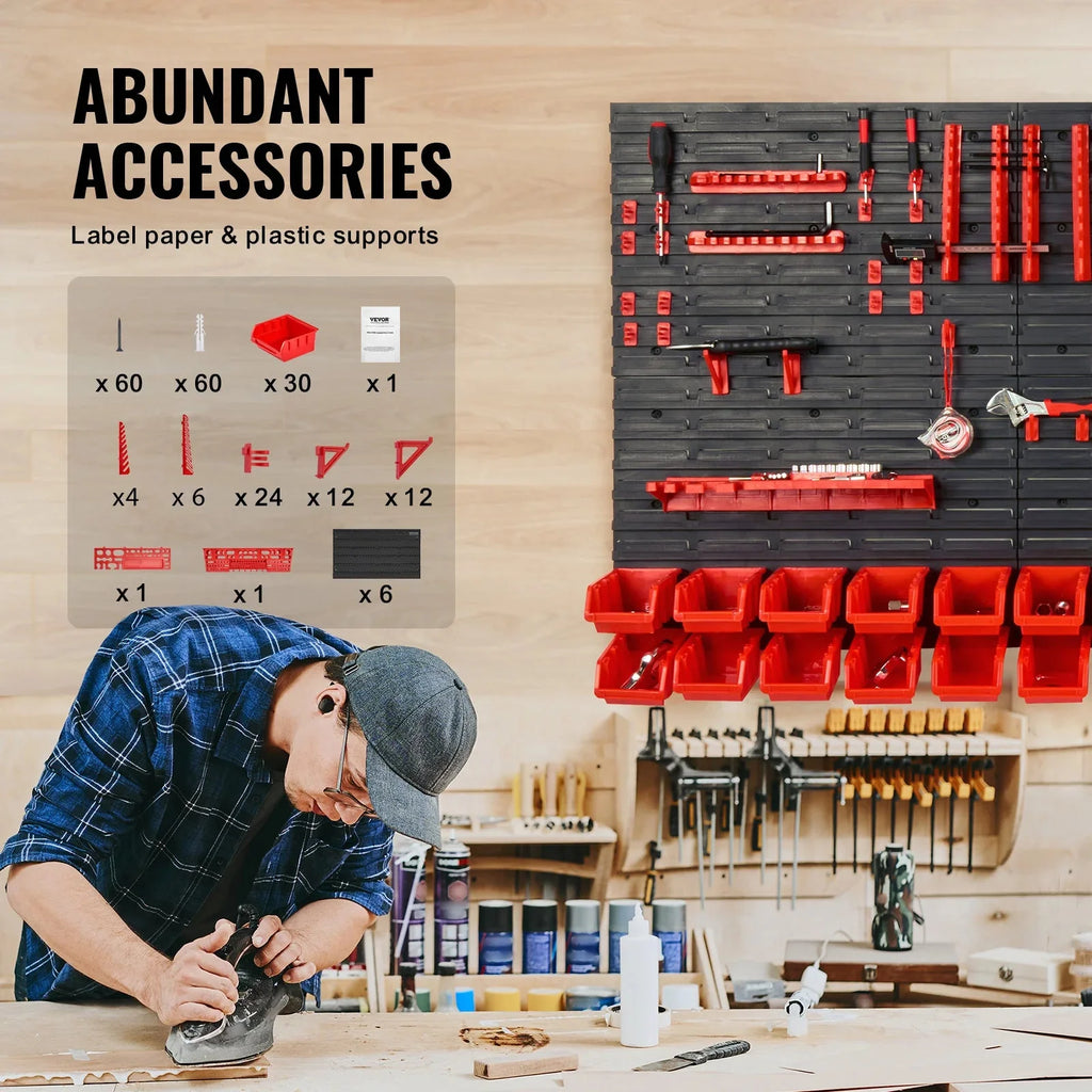 SucceBuy 30Bin Wall Mounted Storage Bins Parts Rack Organizer Garage with Wall Panels Hooks Plastic Shop Tool for Screw Nails