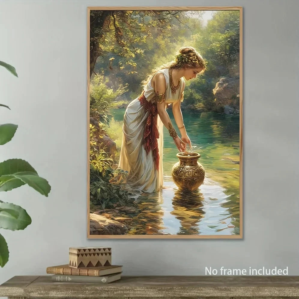 Elegant 3D Hand-Painted Canvas Oil Painting - Serene Forest Scene with Woman & Golden Vase, Abstract Home Wall Art