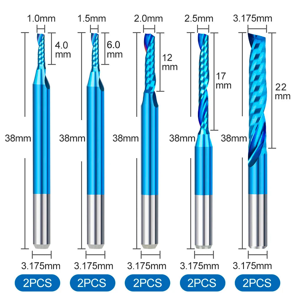 XCAN10pcs Single Flute Carbide End Mill 1/8'' Shank O Flute Spiral CNC Router Bit Cutter 1/1.5/2/2.5/3.175mm Wood Milling Tools
